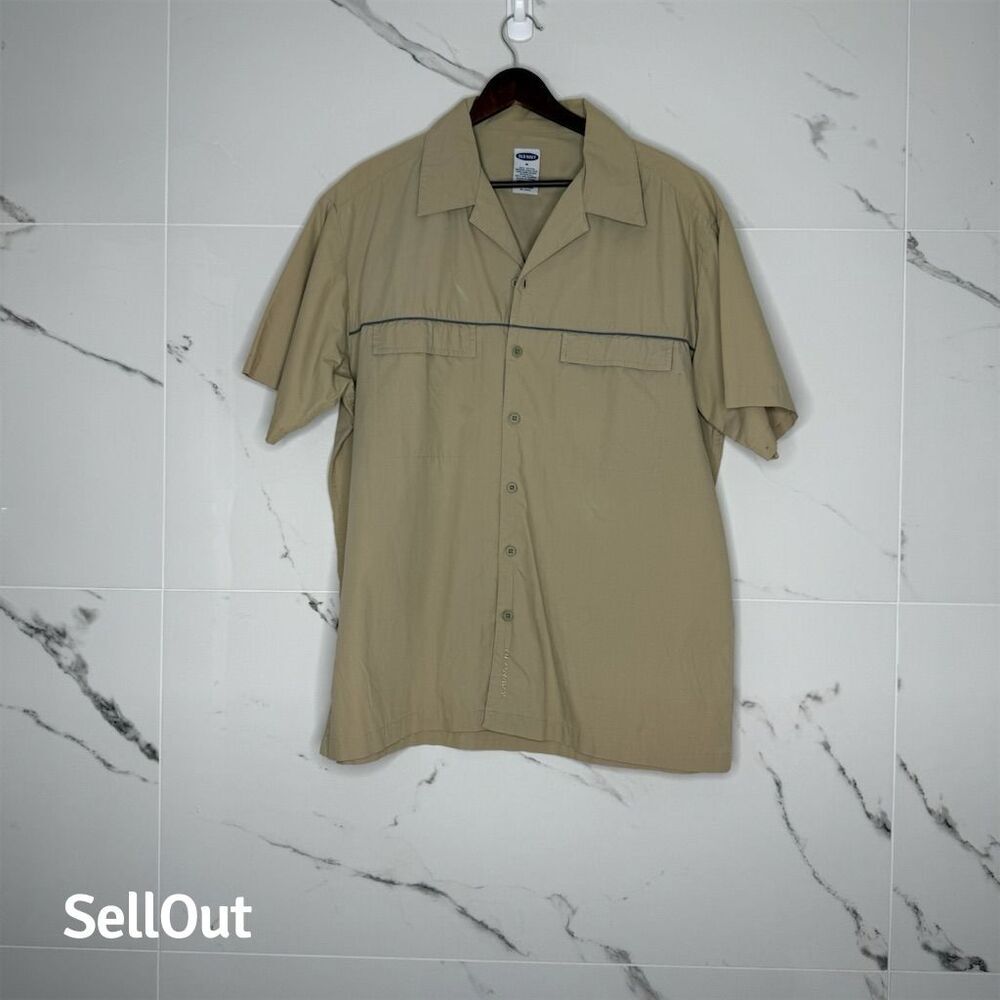 Old Navy Men's Beige Short Sleeve Button-Up Shirt Size M Casual safari neutral​